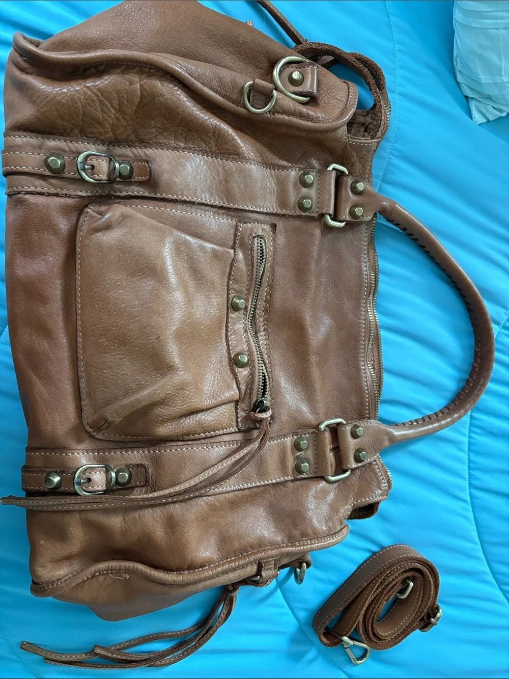 LUsher Tan Braided-Handle Italian Leather Shoulder Bag with Fringe w/Dust bag